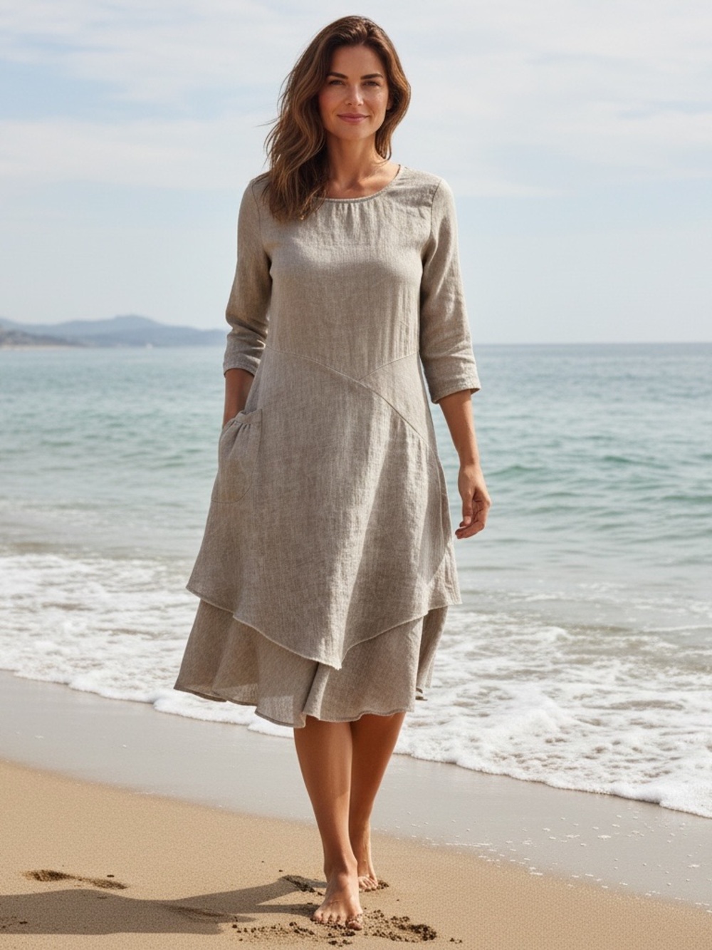 OIZINI Linen Blend Boho Midi Dress Taupe Layered Asymmetrical Pocket L